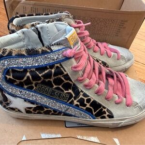 Golden Goose Slide Sneakers Leopard Glitter Pink Laces NEW w/ Box Size 38